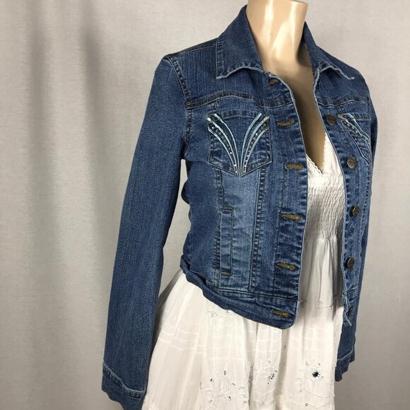 Djeans Fitted Bedazzled Jean Jacket Size 7/8 With Pockets,Buttons. Preloved - Picture 2 of 4